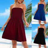 Sexy Off Shoulder Strapless Dress Women Summer Pleated Elastic Waist Party Beach Dresses Ladies Elegant Beach Flowy A Line Dress